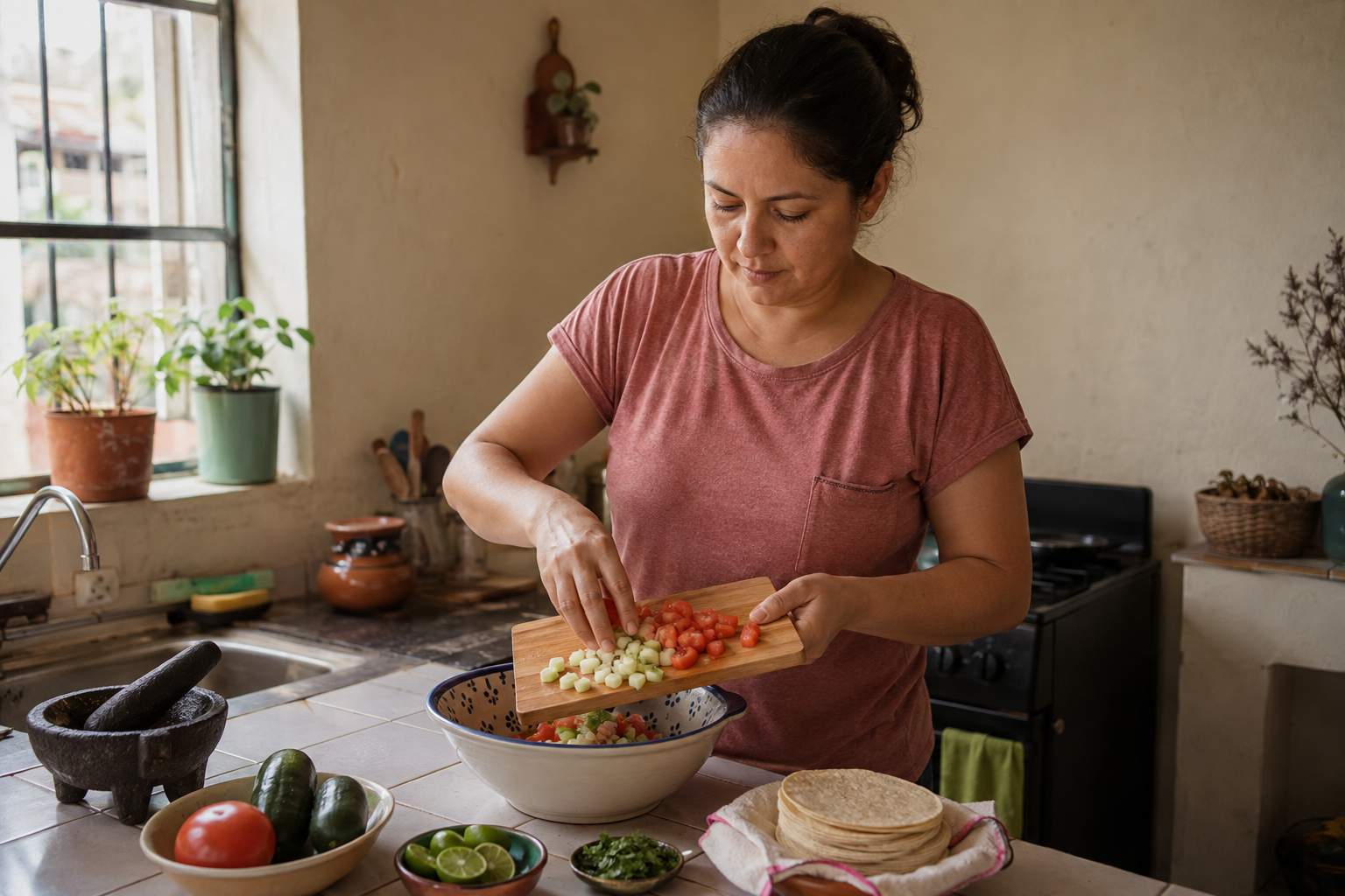 Una mujer prepara una comida sencilla con verduras en su cocina