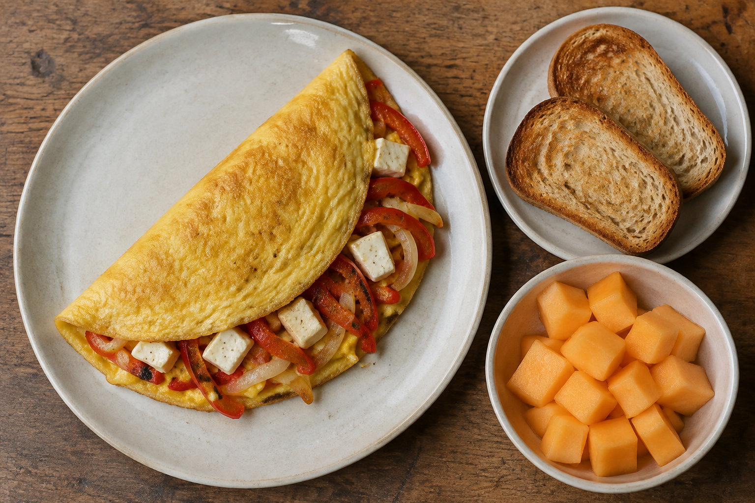 Omelette de pimiento y panela acompañado de pan y melón